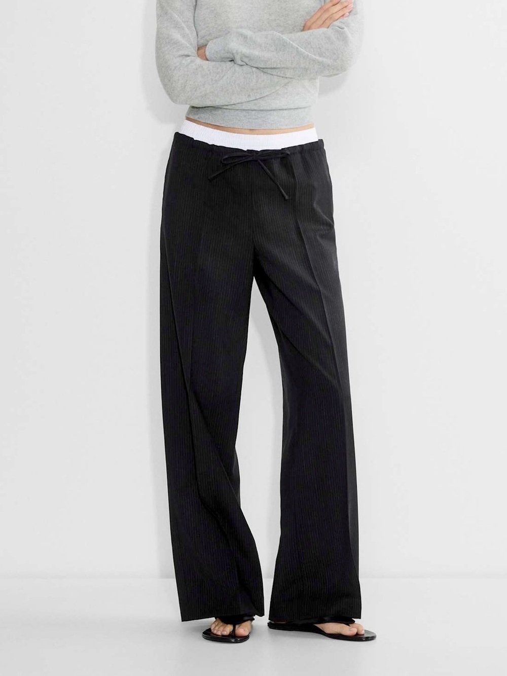 Babaton Aritzia Equity Wool Pinstripe Wide-leg Black Trouser Pants